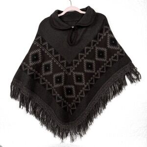 UNIQUE Women's Southwestern Geometric Fringe‎ Poncho Sweater Brown One Size